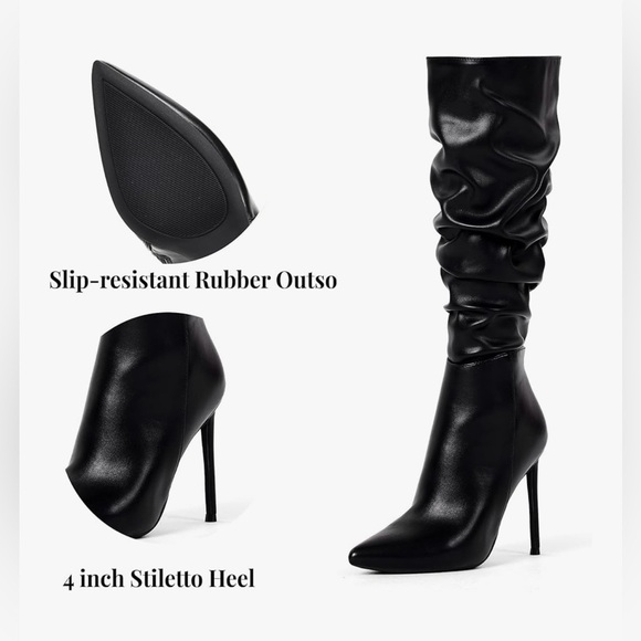 Elisabet Tang Knee High Boots Womens Black Matte PU 4 Inch Stiletto New - Picture 6 of 8